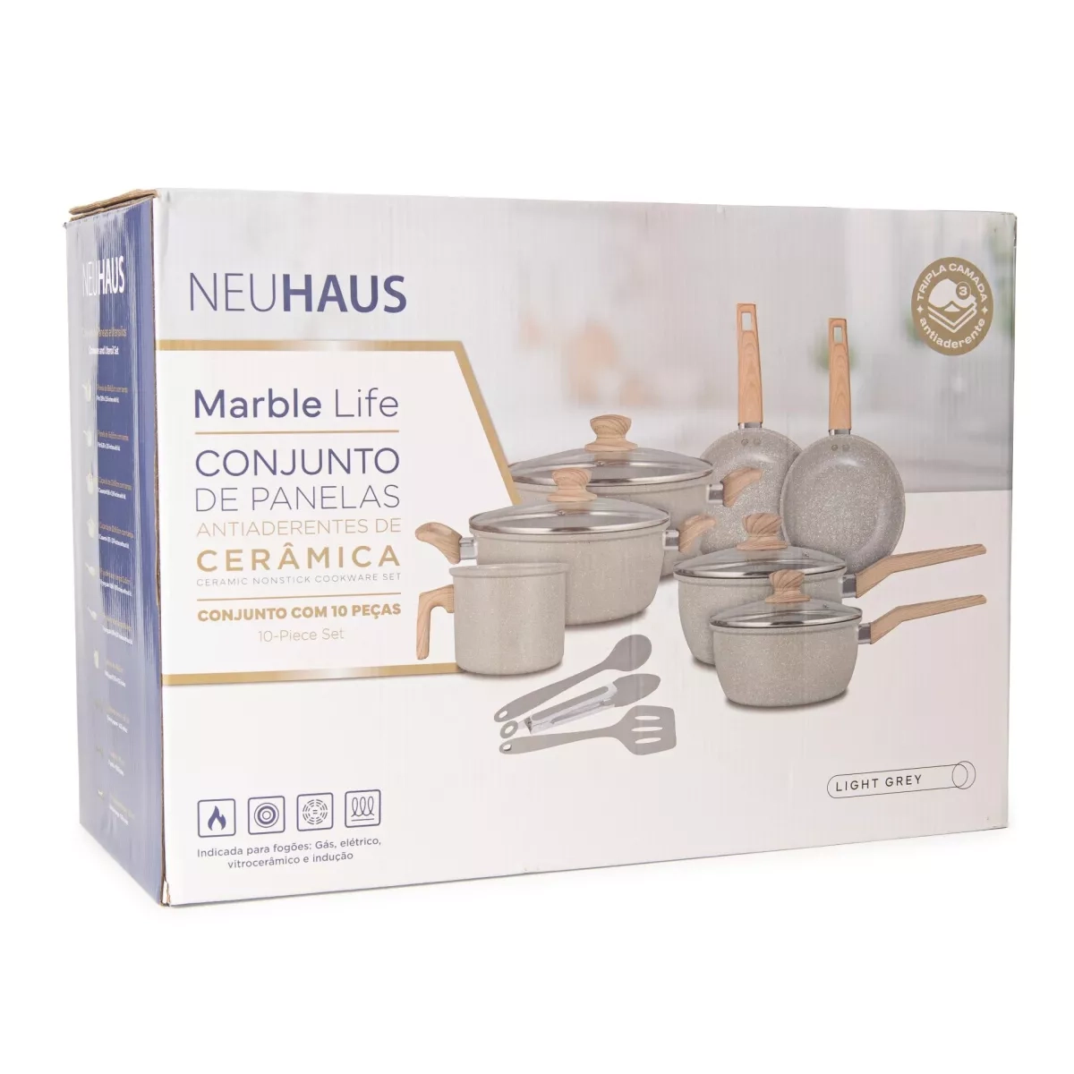 Conj Panela 10Pcs Revest Ceramico Marble Life Light Grey Cz