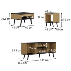 Conj Ozini Toquio Sala Estar 3 Pcs  Mel Preto