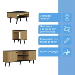 Conj Ozini Toquio Sala Estar 3 Pcs  Mel Preto