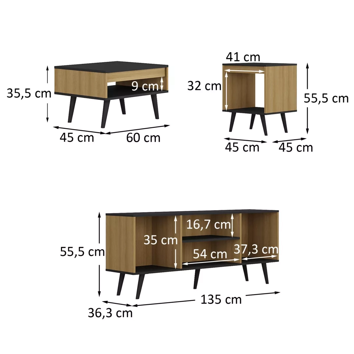 Conj Ozini Toquio Sala Estar 3 Pcs  Mel Preto