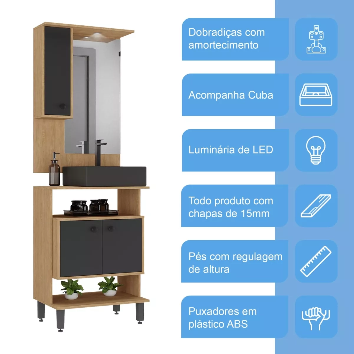 Conjunto De Banheiro Ozini Berlim 60 Carv Nature Preto