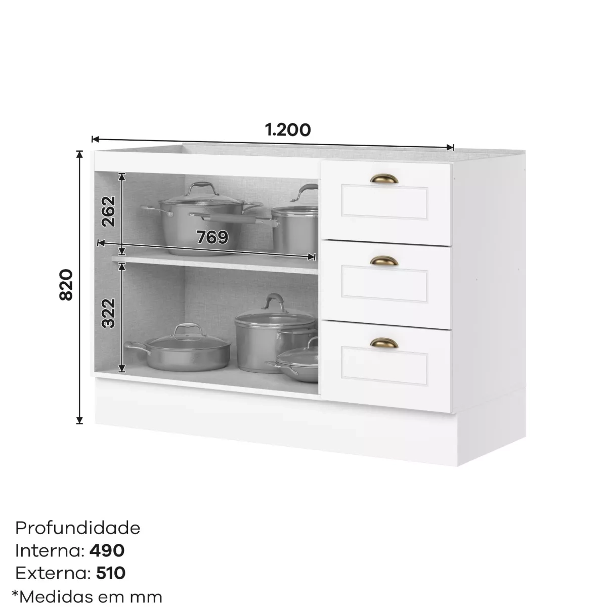 Balcao Henn  120Cm  2 Pts 3 Gav Americana Branco Sob