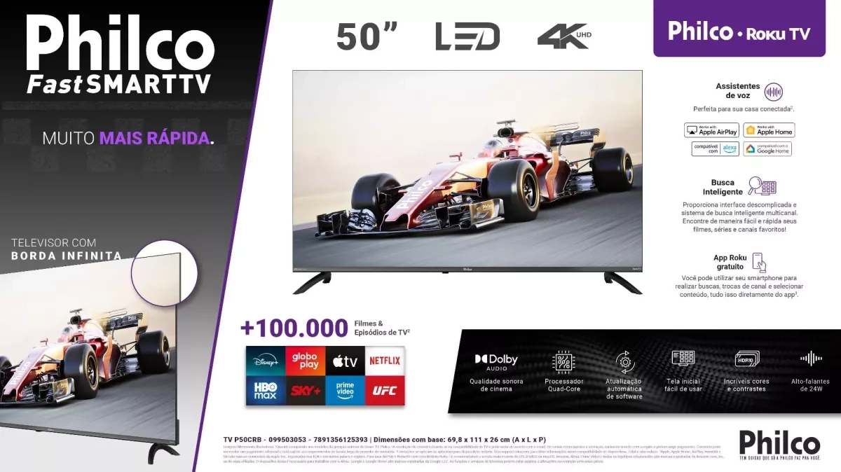 Tv Philco Smart 50 4K Uhd P50Crb Roku Pto