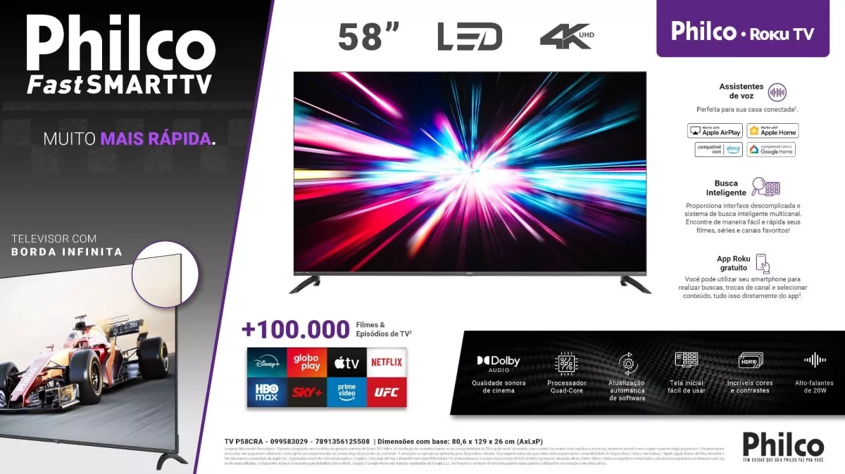 Tv Philco Smart 58 4K P58CRA ROKU PTO